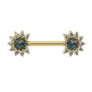 14k yellow gold nipple barbell with black opal cabochon centers and diamond halo ends, front view