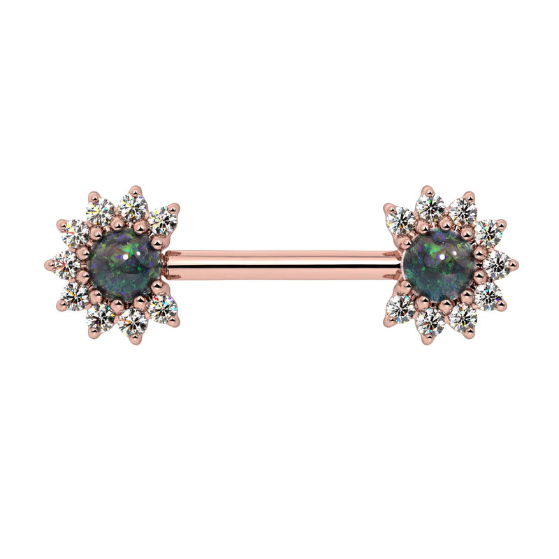 14k rose gold nipple barbell with black opal cabochon centers and diamond halo ends, front view