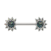 14k white gold nipple barbell with black opal cabochon centers and diamond halo ends, front view