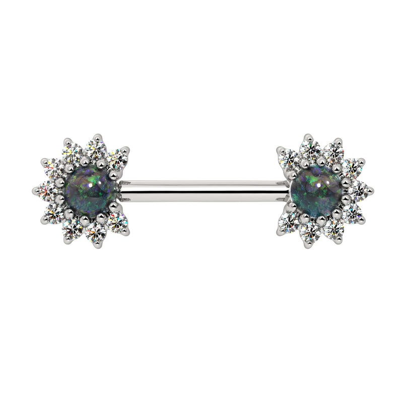 14k white gold nipple barbell with black opal cabochon centers and diamond halo ends, front view