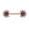 14k rose gold nipple barbell with Mozambique garnet cabochon centers and diamond halo ends, front view