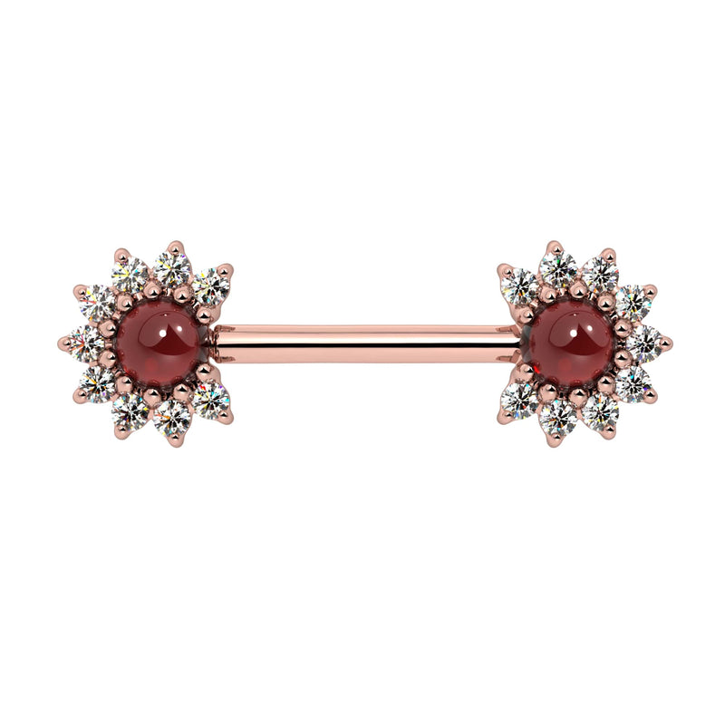 14k rose gold nipple barbell with Mozambique garnet cabochon centers and diamond halo ends, front view