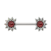 14k white gold nipple barbell with Mozambique garnet cabochon centers and diamond halo ends, front view