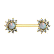 14k yellow gold nipple barbell with white opal cabochon centers and diamond halo ends, front view
