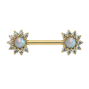 14k yellow gold nipple barbell with white opal cabochon centers and diamond halo ends, front view