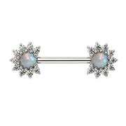 14k white gold nipple barbell with white opal cabochon centers surrounded by diamond halo, front view