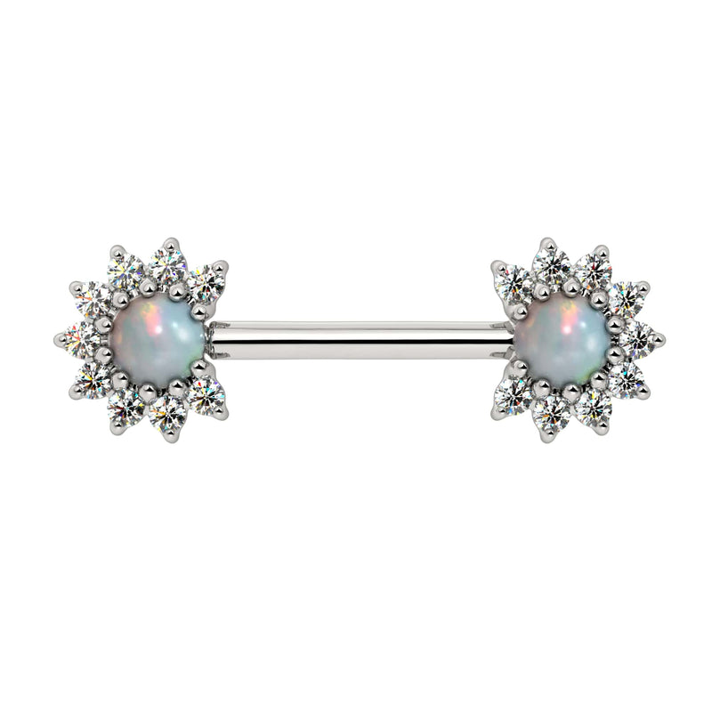 14k white gold nipple barbell with white opal cabochon centers surrounded by diamond halo, front view