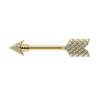 14k yellow gold diamond pavé arrow nipple barbell, front view showing feather and arrowhead ends