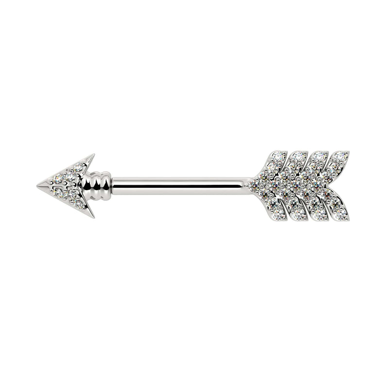 14k white gold diamond pavé arrow nipple barbell front view with bright polish and pavé-set diamonds