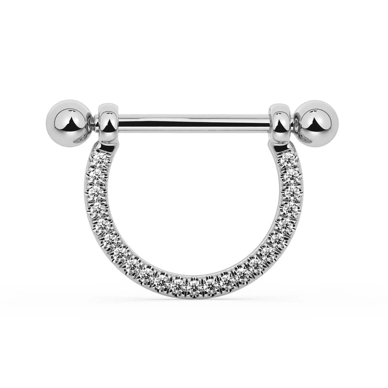 14K White Gold Large Diamond Pavé Stirrup Nipple Ring