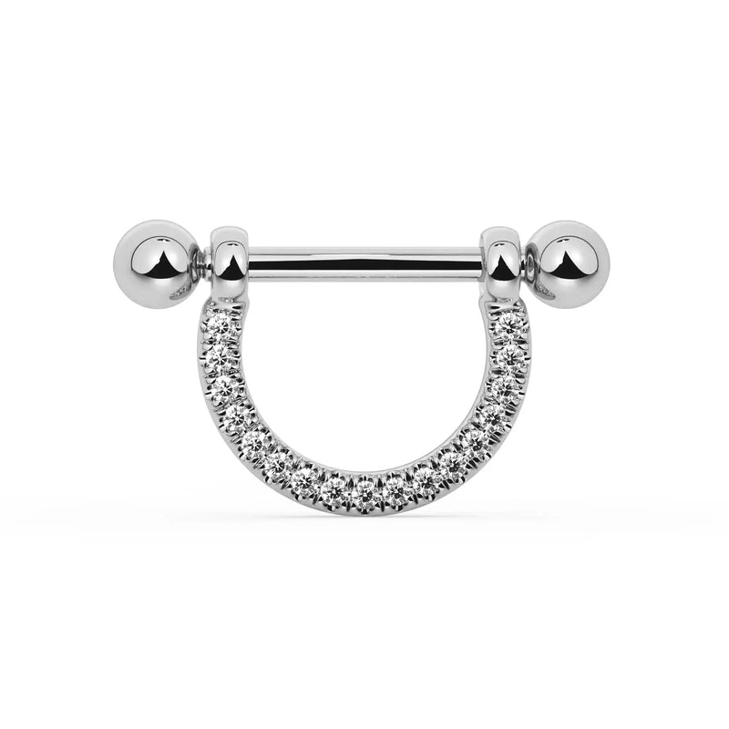 14K White Gold Small Diamond Pavé Stirrup Nipple Ring