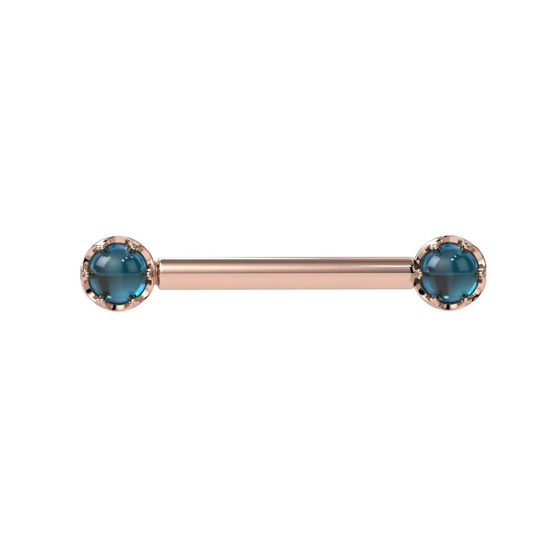 Reina London Blue Topaz Nipple Barbell in 14K Rose Gold with crown-set London Blue Topaz - for nipple piercings