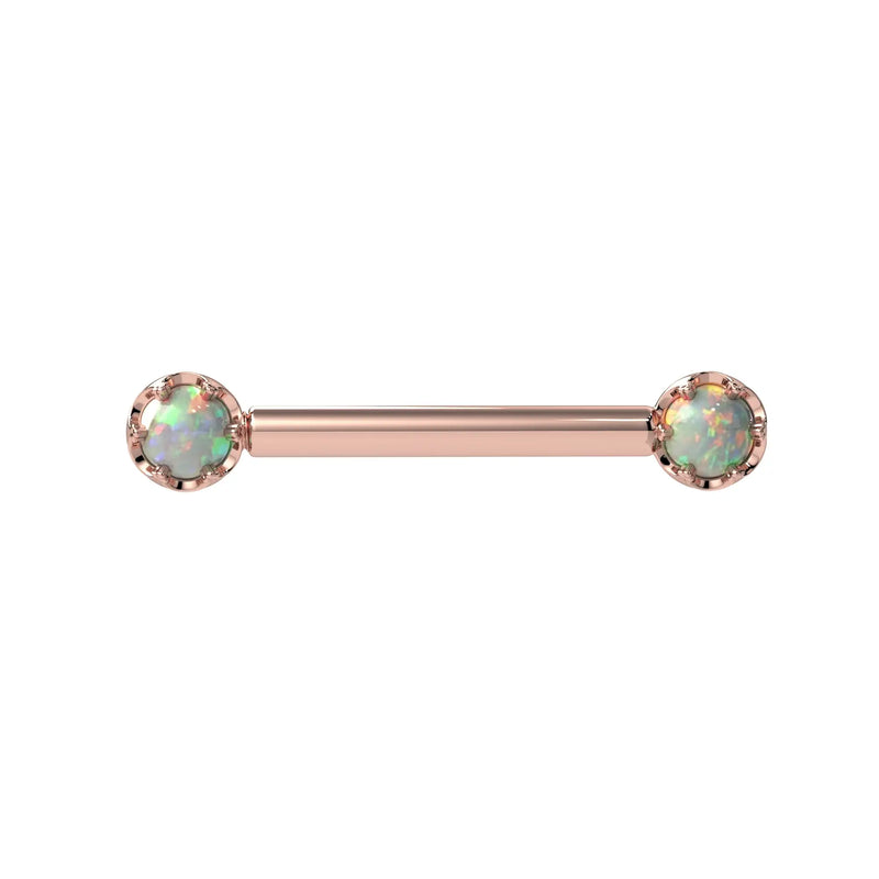 Reina Ethiopian Opal Nipple Barbell in 14K Rose Gold with crown-set Ethiopian Opal - for nipple piercings