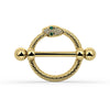 A yellow gold snake nipple shield set with small green and clear stones, shown on a white background.