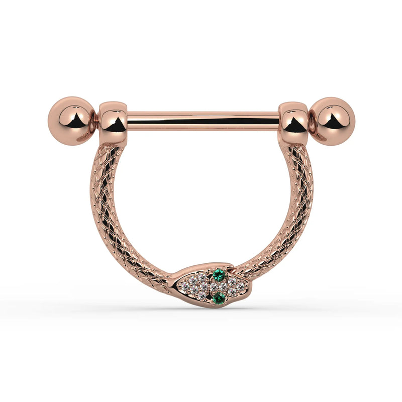 14K Rose Gold Large Diamond & Emerald Serpent Stirrup Nipple Ring