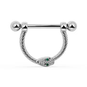 14K White Gold Large Diamond & Emerald Serpent Stirrup Nipple Ring