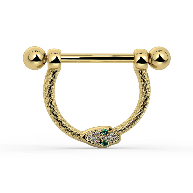 14K Yellow Gold Large Diamond & Emerald Serpent Stirrup Nipple Ring