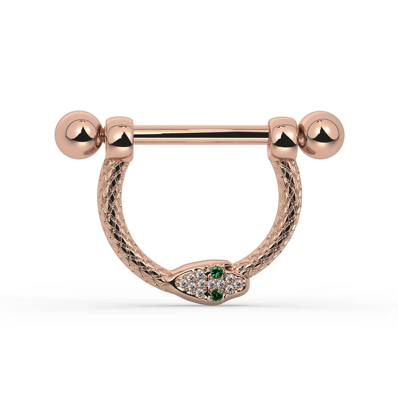 14K Rose Gold Medium Diamond & Emerald Serpent Stirrup Nipple Ring
