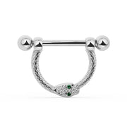 14K White Gold Medium Diamond & Emerald Serpent Stirrup Nipple Ring