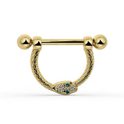 14K Yellow Gold Medium Diamond & Emerald Serpent Stirrup Nipple Ring
