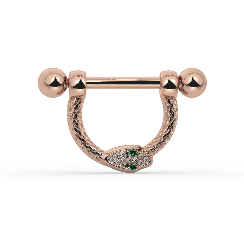 14K Rose Gold Small Diamond & Emerald Serpent Stirrup Nipple Ring