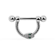 14K White Gold Small Diamond & Emerald Serpent Stirrup Nipple Ring