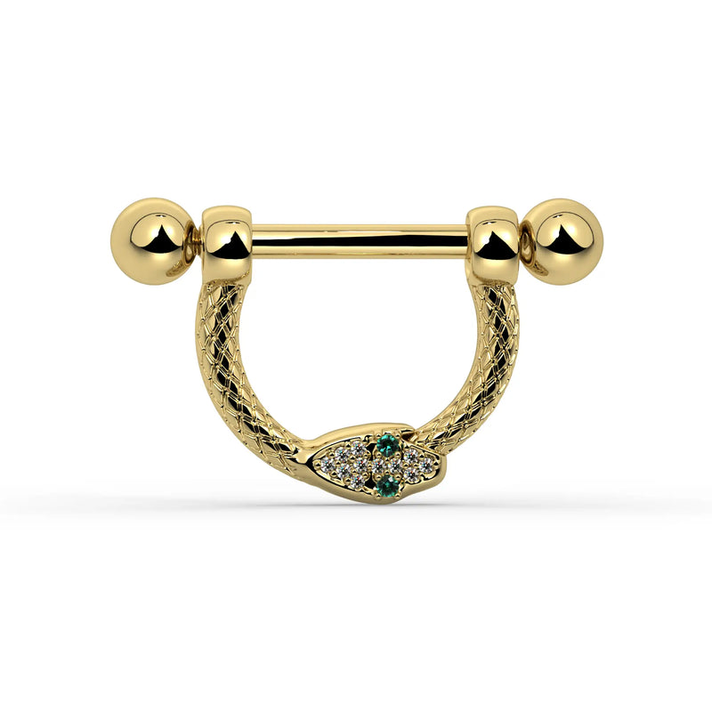 14K Yellow Gold Small Diamond & Emerald Serpent Stirrup Nipple Ring