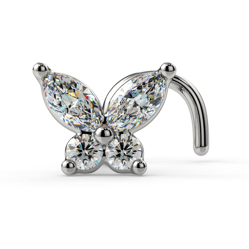 14k white gold Papillon diamond butterfly nose ring, front view with twist backing
