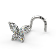 14k white gold diamond butterfly nose ring with twist post, side profile showing curl backing