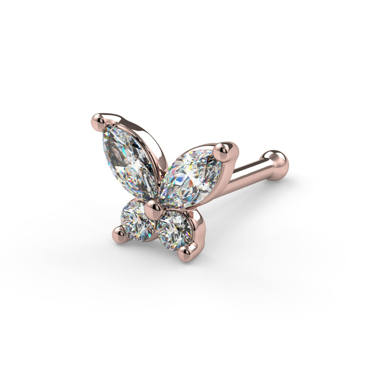 14k rose gold diamond butterfly nose ring with bone style backing, angled view