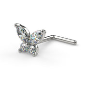 14k white gold diamond butterfly nose ring with L-post backing, angled side view