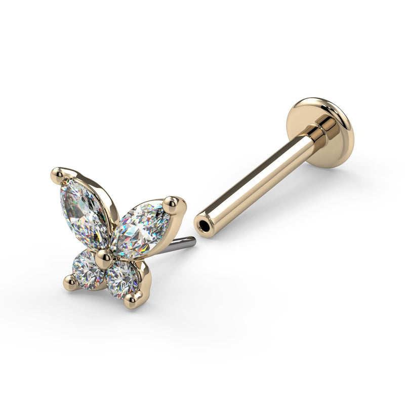 14k yellow gold diamond butterfly nose ring with flatback labret backing, angled view