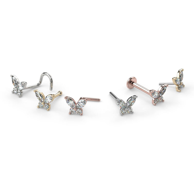 Diamond butterfly nose ring shown in multiple metal colors and backing styles side by side