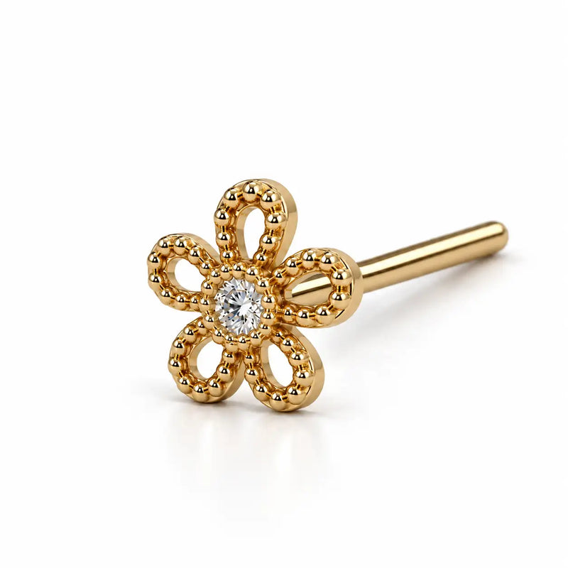 Diamond Daisy Nose Ring in 14k yellow gold — straight post style