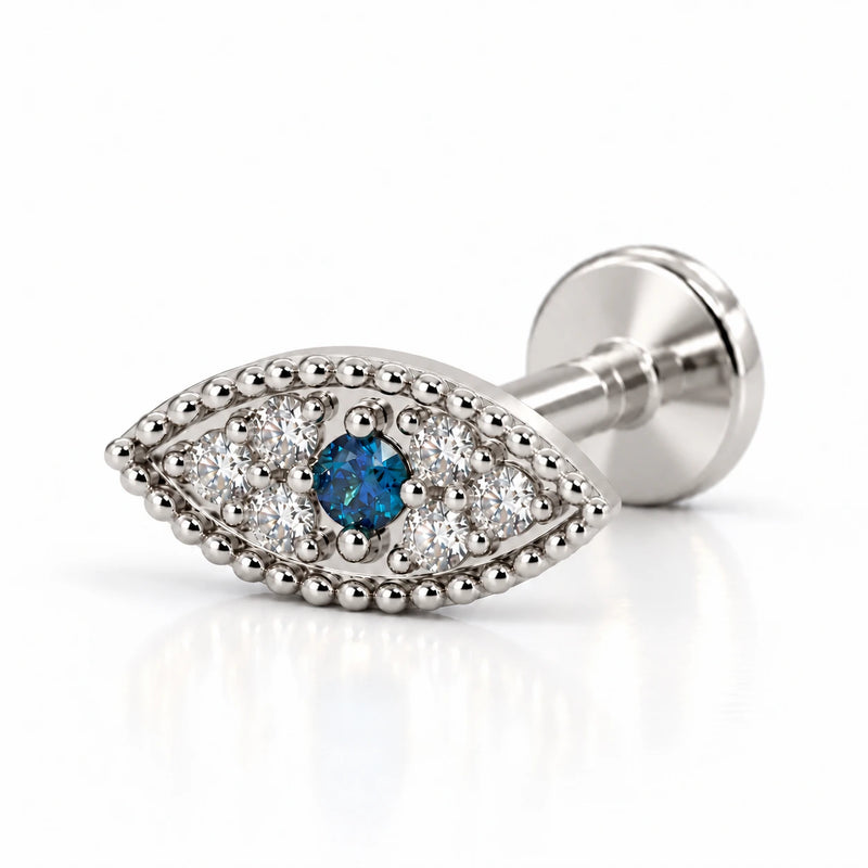 Evil Eye Diamond Nose Ring in 14k white gold — flat back style