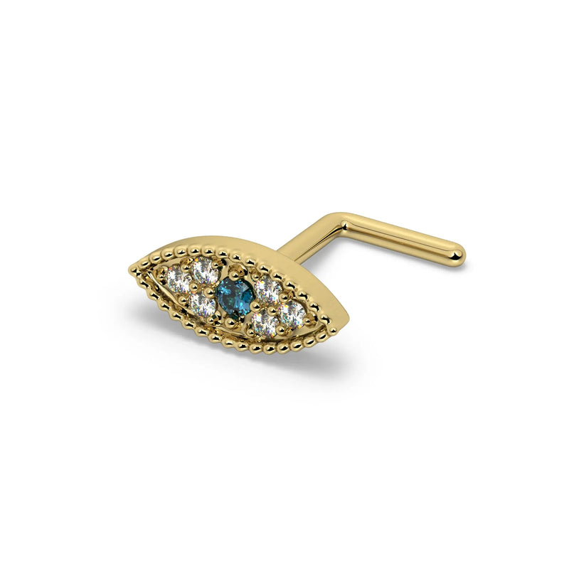 Evil Eye Diamond Nose Ring in 14k yellow gold — L-post style
