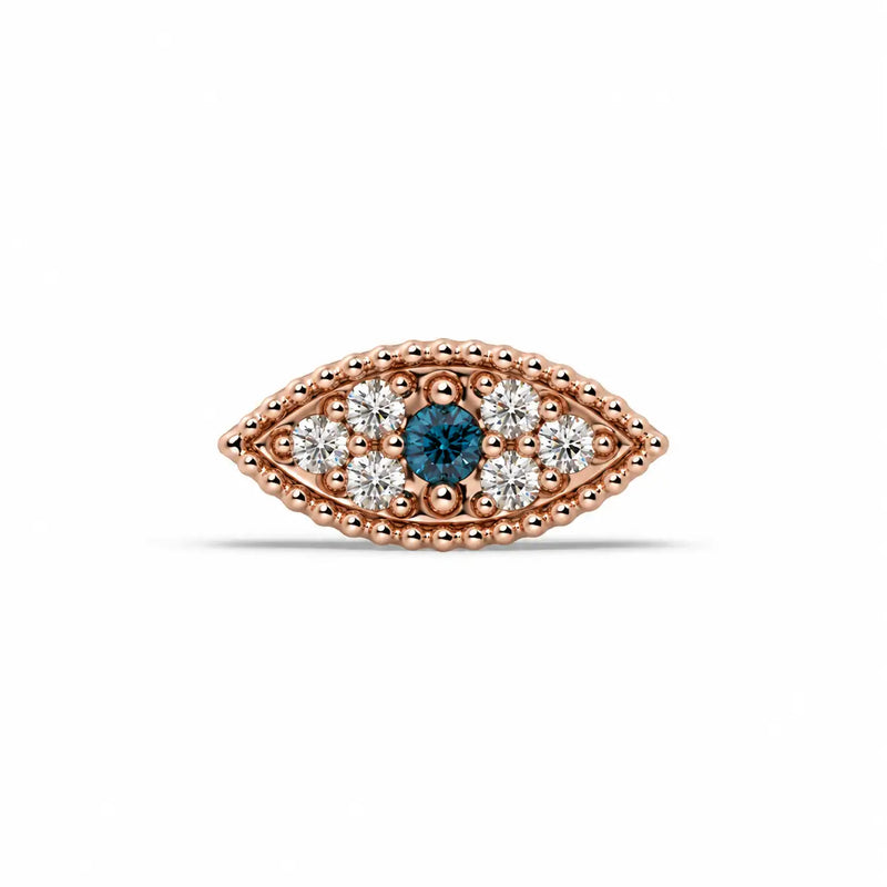 Evil Eye Diamond Nose Ring in 14k rose gold — blue sapphire eye ringed with diamonds, front view of the charm