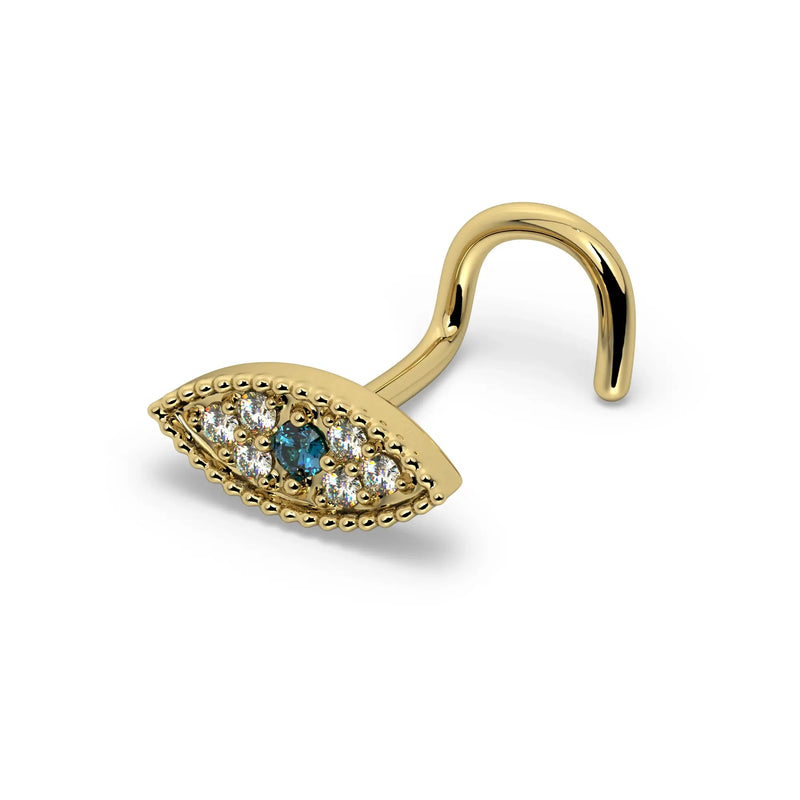 Evil Eye Diamond Nose Ring in 14k yellow gold — twist post style