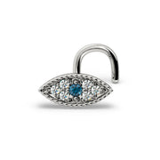 Evil Eye Diamond Nose Ring in 14k white gold — blue sapphire eye surrounded by diamonds