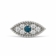 Evil Eye Diamond Nose Ring in 14k white gold — blue sapphire eye ringed with diamonds, front view of the charm