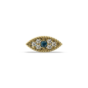 Evil Eye Diamond Nose Ring in 14k yellow gold — blue sapphire eye ringed with diamonds, front view of the charm