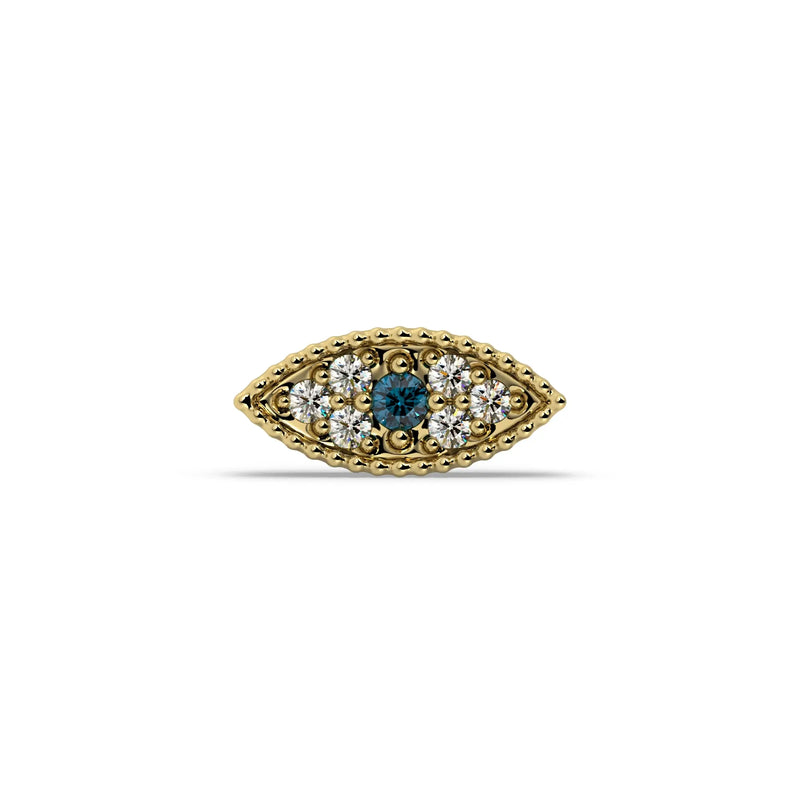 Evil Eye Diamond Nose Ring in 14k yellow gold — blue sapphire eye ringed with diamonds, front view of the charm