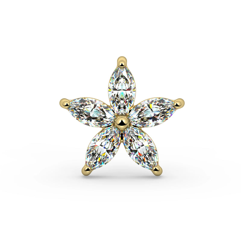 Starflower Diamond threadless end in 14k yellow gold — marquise diamond flower, front view