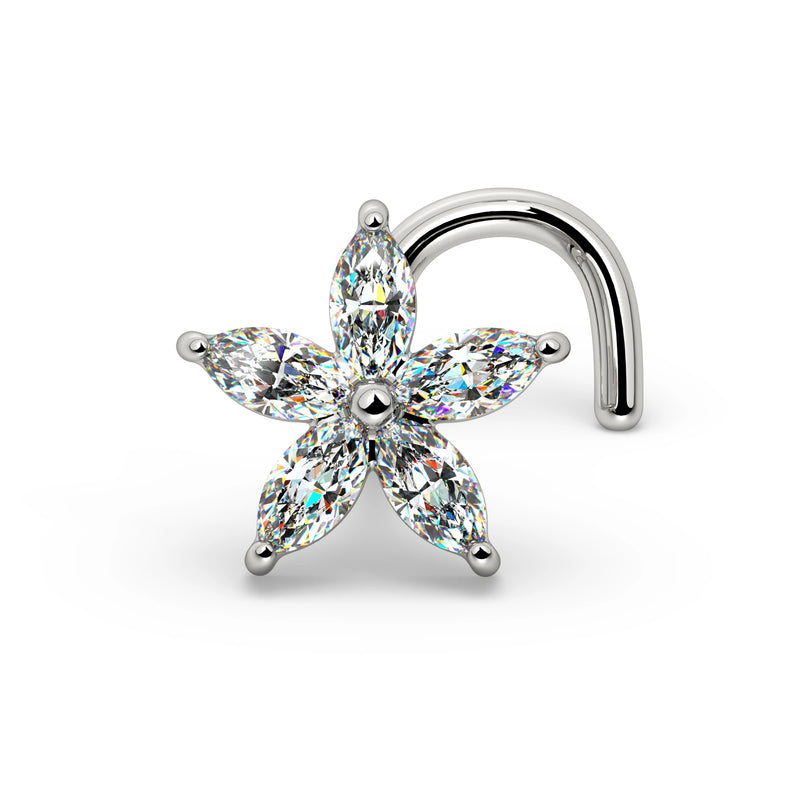 Starflower Diamond Nose Ring in 14k yellow gold — five marquise diamonds arranged in a flower