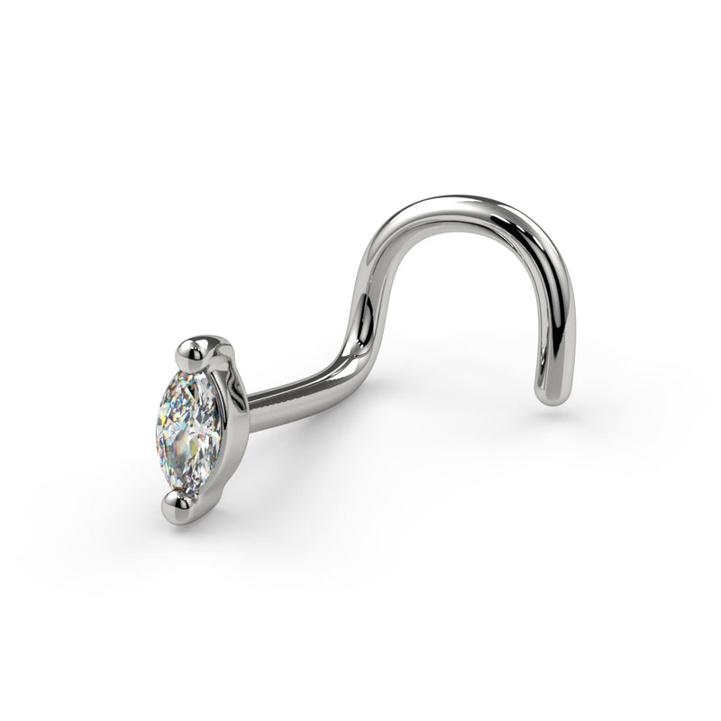 14k white gold 2.5mm marquise diamond nose ring twist style, angled side view showing full post curve