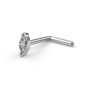 14k white gold marquise diamond L-post nose ring, angled view showing L-shaped backing style