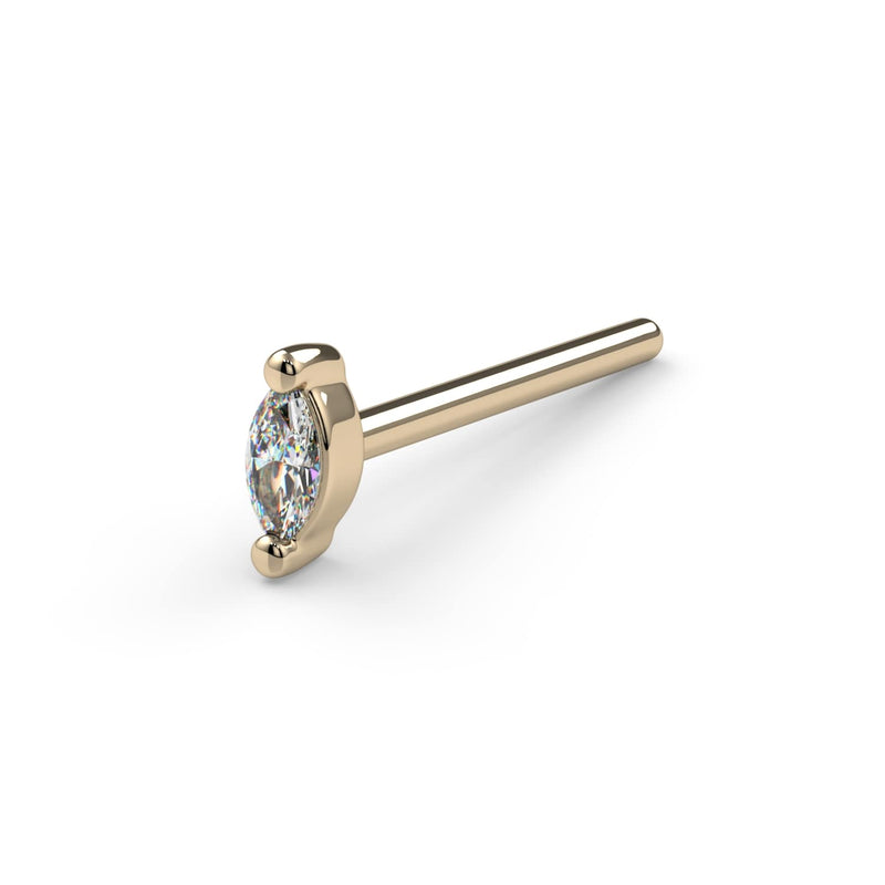 14k yellow gold marquise diamond nose bone stud, angled view showing straight post and ball end