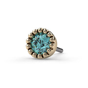 14k yellow gold aqua diamond perlage stud end only, front view highlighting beaded milgrain surround