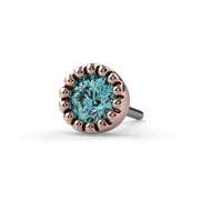 14k rose gold aqua diamond perlage cartilage stud end only, front view showing vintage milgrain bezel
