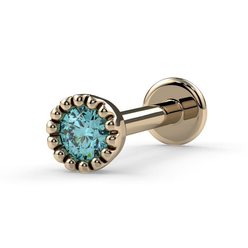 14k yellow gold 2mm aqua diamond perlage flat back labret stud with milgrain bezel, angled view
